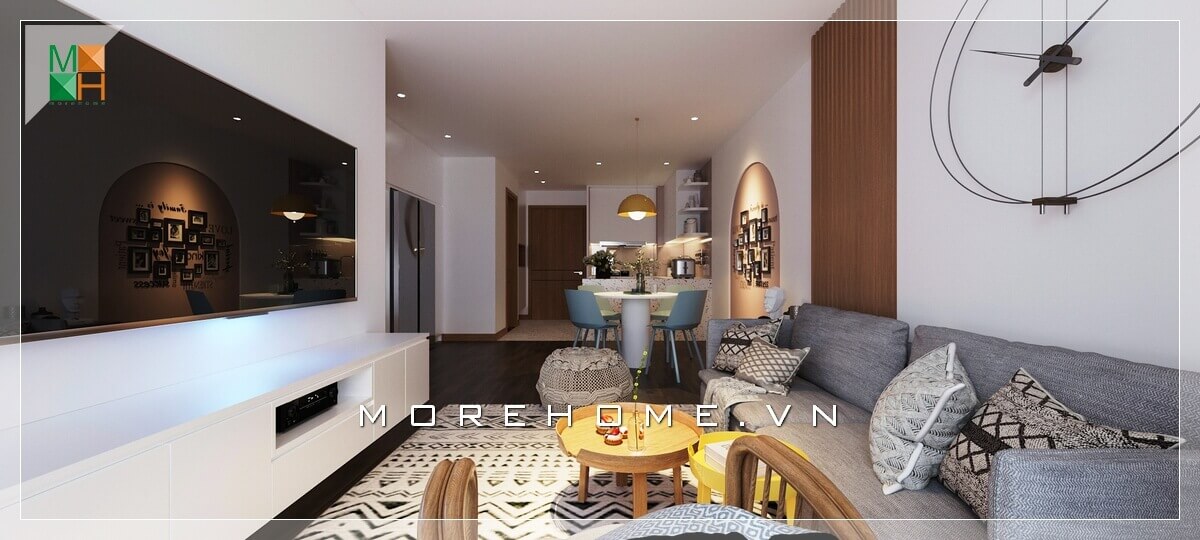 Ấn tượng với bộ sofa vải màu ghi phòng khách hiện đại tôn lên vẻ tiện nghi của ngôi nhà. Thiết kế phòng khách nhà phố