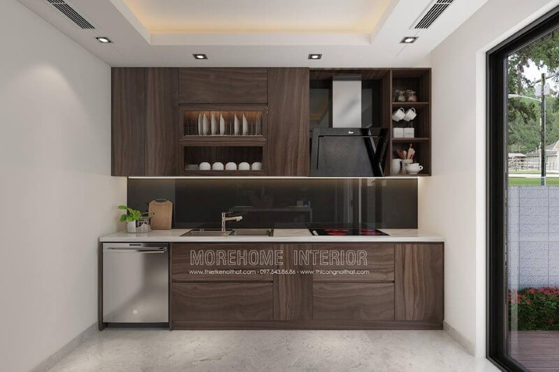 Tủ bếp laminate chữ i hiện đại đẹp với cách bố trí khoa học từ vị trí để máy rửa bát, bếp từ, bồn rửa, máy hút bụi. Thiết kế tủ bếp nhà phố sang trọng