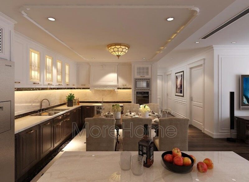 Thiết kế nội thất phòng bếp chung cư cao cấp phong cách tân cổ điển.