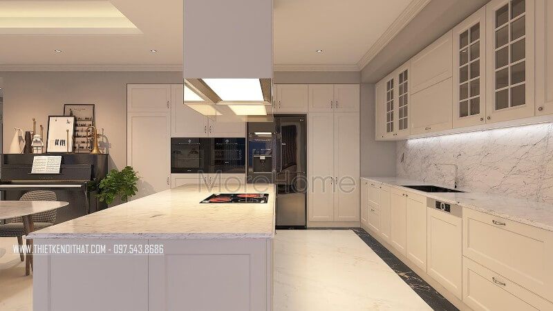 Phòng bếp được thiết kế sang trọng trong gam màu trắng tinh khôi với thiết bị bếp được lựa chọn mẫu thiết bị cao cấp nhất
