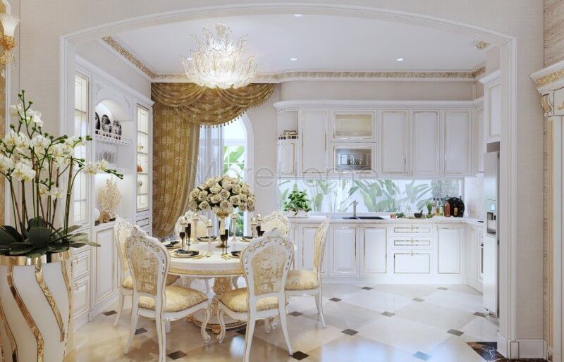 Việc thiết kế nội thất phòng ăn tân cổ điển kết nối với không gian phòng bếp sẽ giúp tạo ra những bữa ăn nhanh chóng và hương vị ngon miệng hơn.